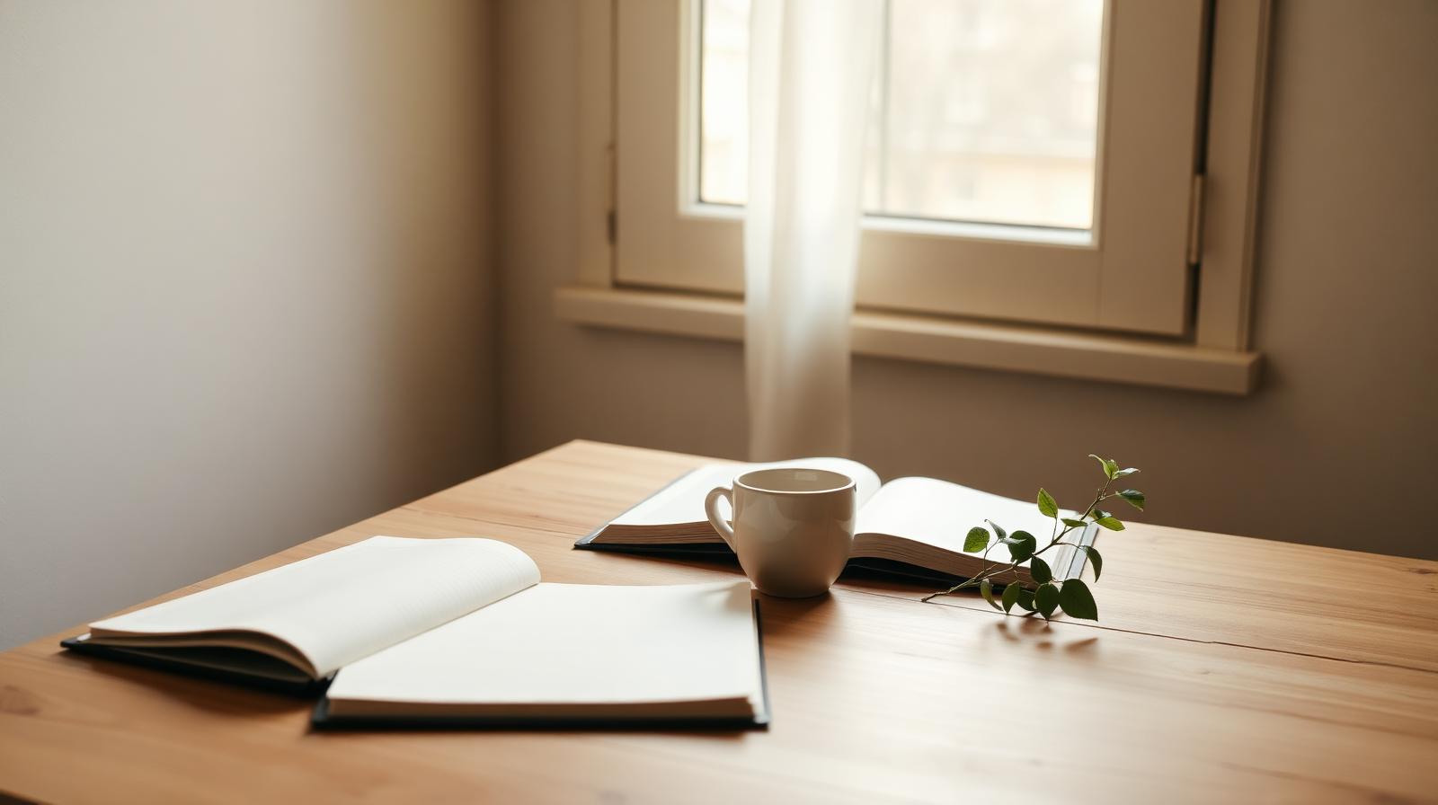 A quiet wooden desk in morning light with an open journal, a ceramic cup and a small plant
